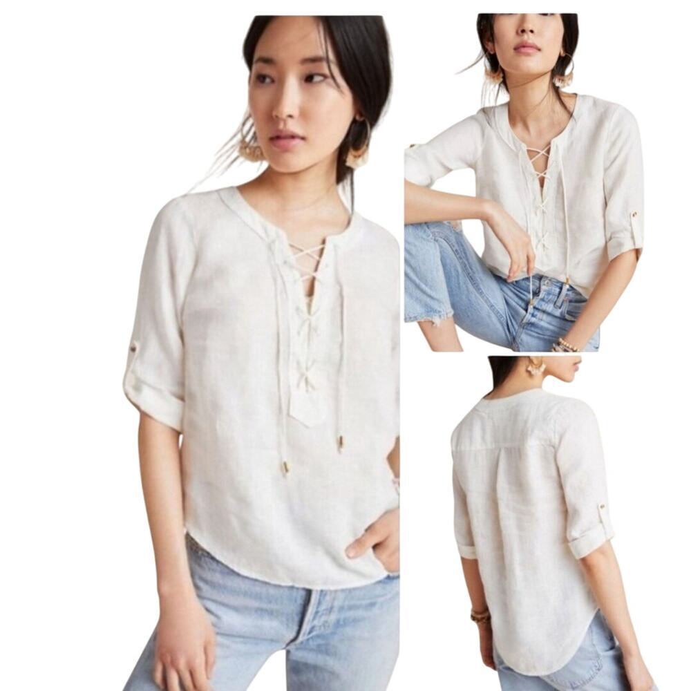 Maeve Ivory Lace-Up Linen Blend Blouse